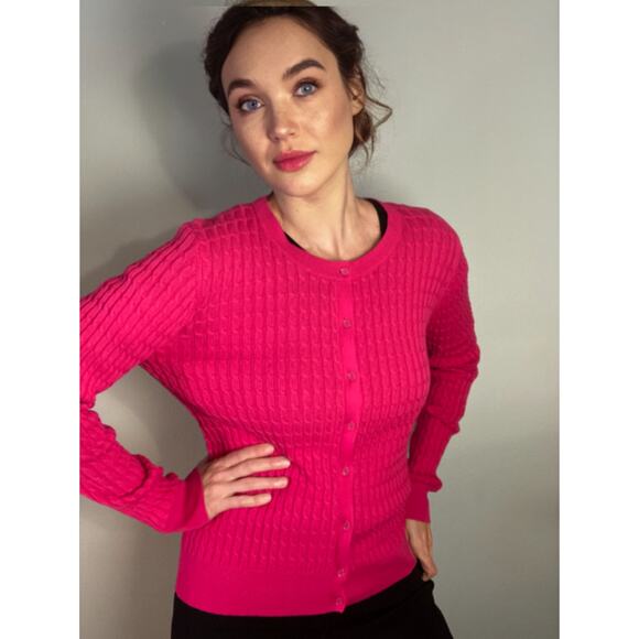 Lord & Taylor Bright Pink Cable Knit Cardigan Ladylike & Refined ~ NWT Sz XL - Picture 1 of 8